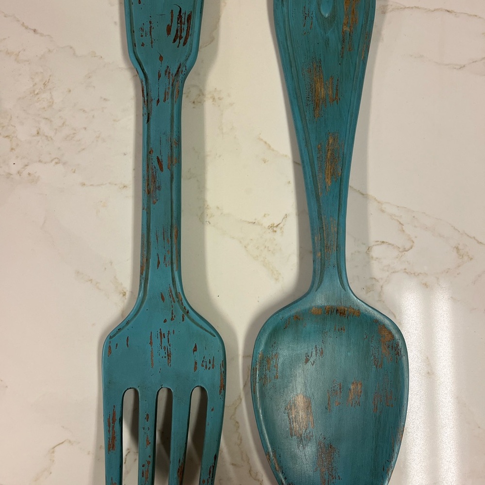 Rustic Turquoise Fork & Spoon Utensils Kitchen Wall Decor Dining Room Large